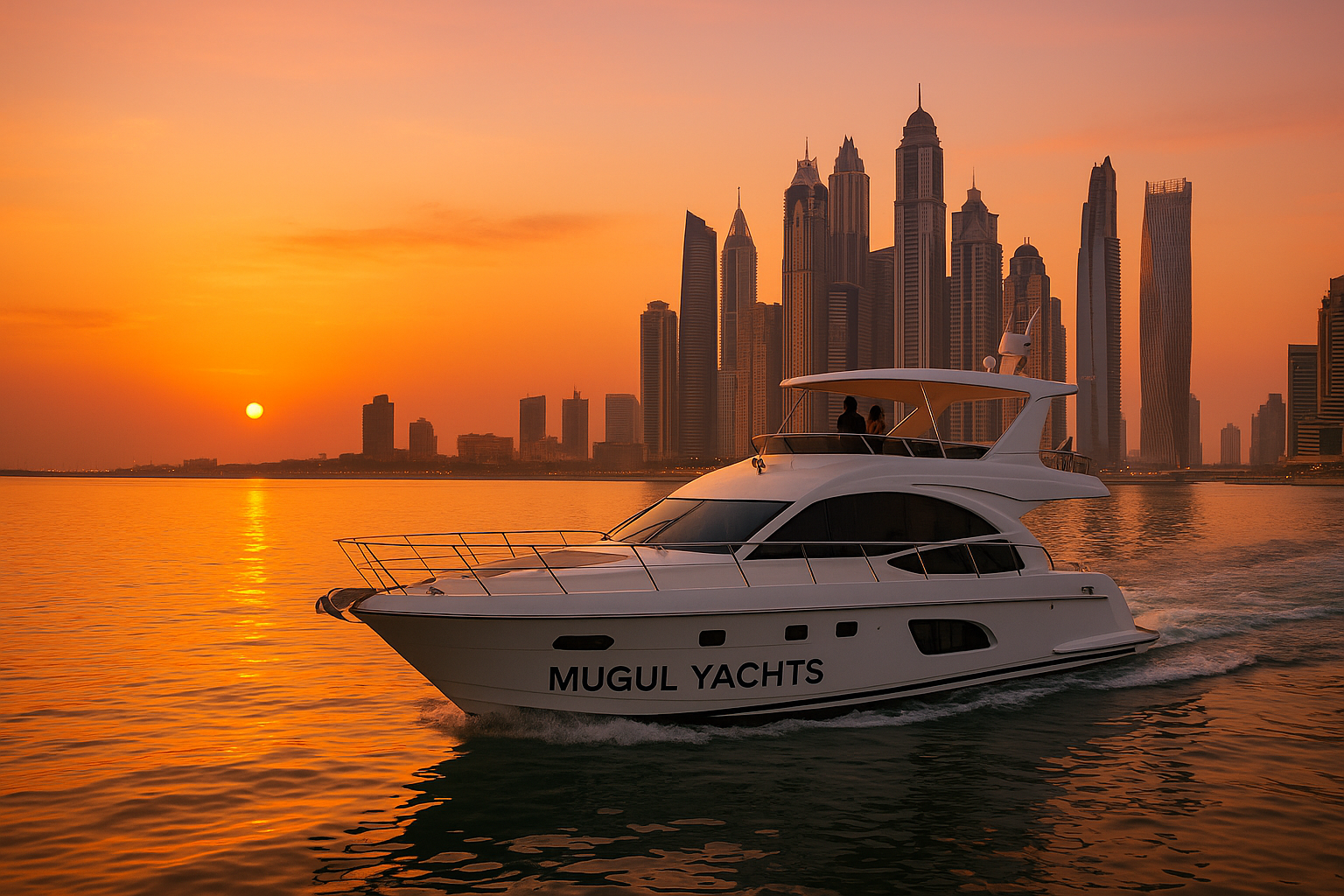 Luxury yacht cruise in Dubai Marina at sunset with Mugul Yachts, showcasing the Dubai skyline and orange sky reflections on the water.
